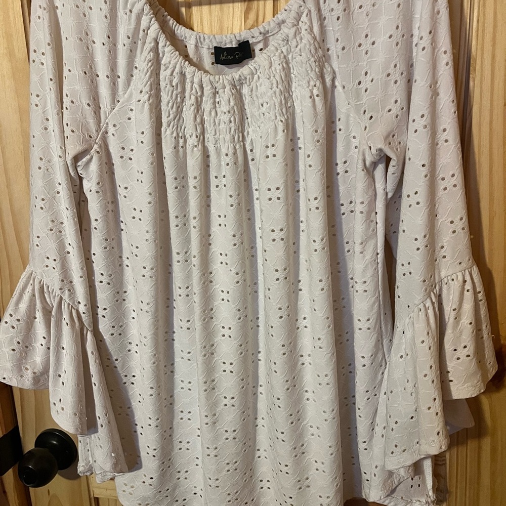 Melissa Paige White Eyelet Blouse with Ruffled Sleeves